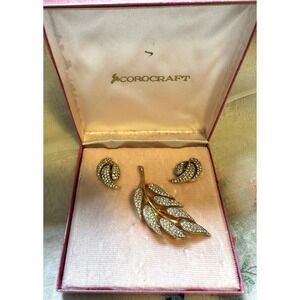 Corocraft Brooch & Earrings Set Rhinestone Leaf Gold Tone Original Box